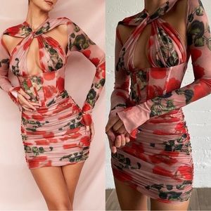 House Of Cb Adanna Rose Print Ruched Corset Mini Dress Pink